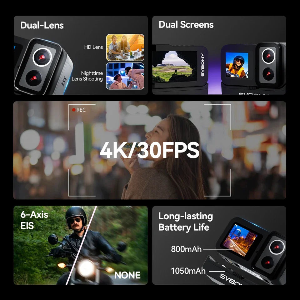 SVBONY SVGo Action Camera Dual Lens HD 4K 30fps IPX8 Waterproof with Camera Grip